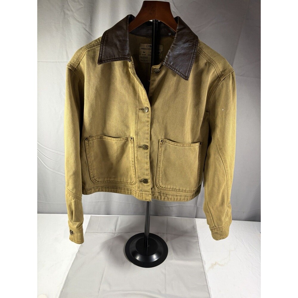 New SONO Padded Jacket Womens S Khaki Vegan Leather Collar Cropped Boho Gorpcore